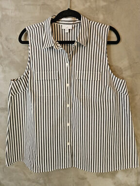 J. Jill Size L Black White Striped Collared Sleeveless Button-Up Blouse